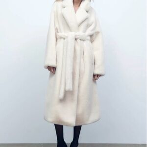 ASOS Cream Faux Fur Long Belted Coat